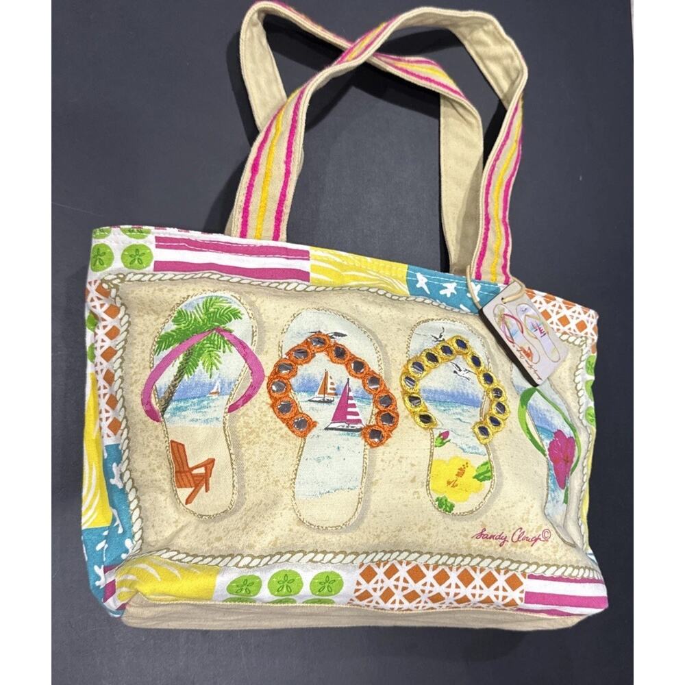 Sandy Clough Pink and Yellow Flip Flop Tote Beach Bag Zippered Pockets